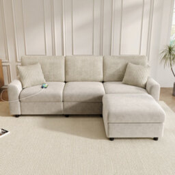 Btm Modern 3 To Seater Sofa With Footstool, 2 Cushions, Usb And Type To C Charging Ports, 223X84X146Cm, Beige - thumbnail 3