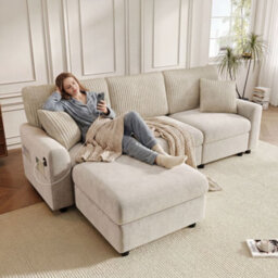 Btm Modern 3 To Seater Sofa With Footstool, 2 Cushions, Usb And Type To C Charging Ports, 223X84X146Cm, Beige