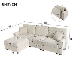 Btm Modern 3 To Seater Sofa With Footstool, 2 Cushions, Usb And Type To C Charging Ports, 223X84X146Cm, Beige - thumbnail 2
