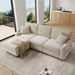 Btm Modern 3 To Seater Sofa With Footstool, 2 Cushions, Usb And Type To C Charging Ports, 223X84X146Cm, Beige - thumbnail 8