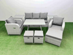 Fimous Reclining Chair 3 Seat Sofa Set Garden Furniture Set With Rectangular Dining Table 2 Side Tables 3 Footstools Light Grey - thumbnail 1