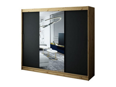 Arte Leto T1 Contemporary 2 Sliding Mirror Door Wardrobe 9 Shelves 2 Rails Black Matt And Oak Effect (H)2000mm (W)2500mm (D)620mm - image 1