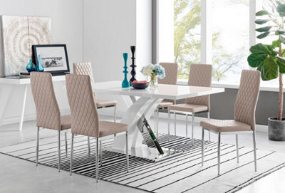Furniturebox Atlanta White High Gloss And Chrome 6 Seater Dining Table With Statement X Shaped Legs And 6 Beige Faux Leather Milan Chairs - image 1