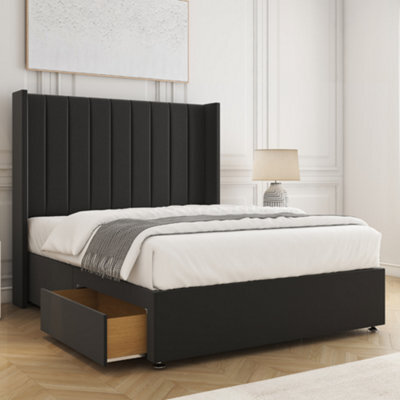 Bsspoke Hannah Divan Bed Set Black Plush Velvet 54Inch Wingedback Headboard & 2 Drawers Footend No Mattress In 4Ft 4Ft6 5Ft 6Ft - image 1