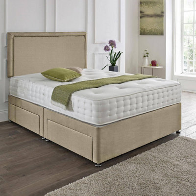 Dining Tables Seoul Matching Headboard Divan Set, 2 Drawer On Same Side With Sprung 1500 Comfort Mattress - Light Boucle Natural - Double - image 1