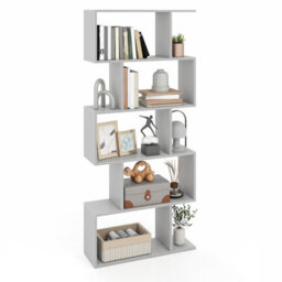 Costway 5-Tier Bookcase S-Shaped Bookshelf Wooden Storage Display Rack-Grey - thumbnail 8