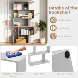 Costway 5-Tier Bookcase S-Shaped Bookshelf Wooden Storage Display Rack-Grey - thumbnail 2