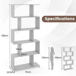 Costway 5-Tier Bookcase S-Shaped Bookshelf Wooden Storage Display Rack-Grey - thumbnail 3