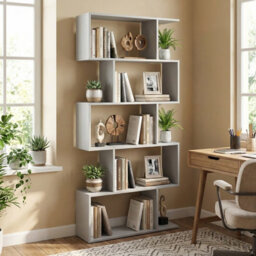 Costway 5-Tier Bookcase S-Shaped Bookshelf Wooden Storage Display Rack-Grey