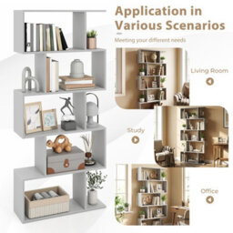 Costway 5-Tier Bookcase S-Shaped Bookshelf Wooden Storage Display Rack-Grey - thumbnail 6