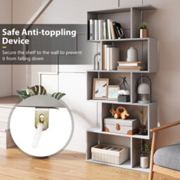 Costway 5-Tier Bookcase S-Shaped Bookshelf Wooden Storage Display Rack-Grey - thumbnail 7