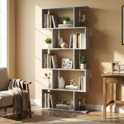 Costway 5-Tier Bookcase S-Shaped Bookshelf Wooden Storage Display Rack-Grey - thumbnail 4