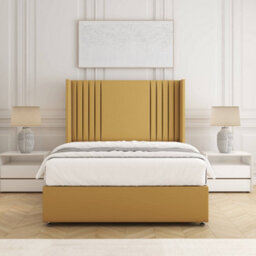 Bsspoke Cheshire Divan Bed Set Mustard Plush Velvet 54Inch Panel Headboard & Mattress No Drawers In 3Ft 4Ft 4Ft6 5Ft 6Ft