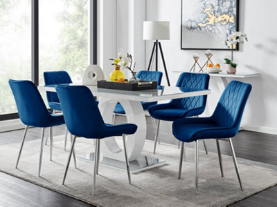 Furniturebox Giovani Rectangular 6 Seat White High Gloss Unique Halo Base Dining Table Grey Glass Top 6 Navy Velvet Silver Leg Pesaro Chairs - image 1