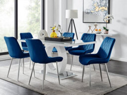Furniturebox Giovani Rectangular 6 Seat White High Gloss Unique Halo Base Dining Table Grey Glass Top 6 Navy Velvet Silver Leg Pesaro Chairs