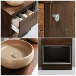 Homestylestore Dark Oak 600mm Led Lit Bathroom Vanity Unit Round Sand Countertop Basin Open Shelf - thumbnail 2