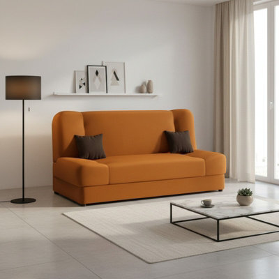 Jonas Living Room Sofa Bed With Click Clack Sleeping Surface Storage Container Wooden Frame Orange And Brown Pillows - image 1