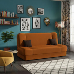 Jonas Living Room Sofa Bed With Click Clack Sleeping Surface Storage Container Wooden Frame Orange And Brown Pillows - thumbnail 2