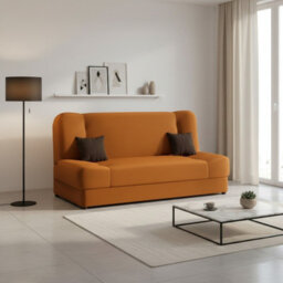 Jonas Living Room Sofa Bed With Click Clack Sleeping Surface Storage Container Wooden Frame Orange And Brown Pillows - thumbnail 1