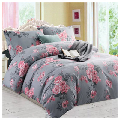 Ameha Printed Duvet Cover 2Piece Set With Matching Pillowcase Reversible Grey Bouquet Pattern Bedding Set Single (135X200Cm) - image 1