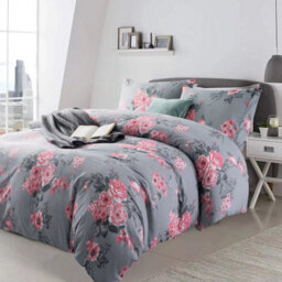 Ameha Printed Duvet Cover 2Piece Set With Matching Pillowcase Reversible Grey Bouquet Pattern Bedding Set Single (135X200Cm) - thumbnail 2