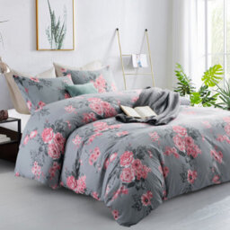 Ameha Printed Duvet Cover 2Piece Set With Matching Pillowcase Reversible Grey Bouquet Pattern Bedding Set Single (135X200Cm) - thumbnail 8