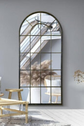 "Mirroroutlet Arcus - Antique Black Framed Arched Window Leaner / Wall Mirror 71"" X 33.5"" (180X85Cm)"