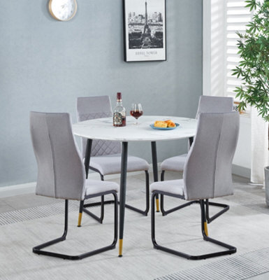 Hallowood Furniture Finley Small Round Dining Table In White Marble Finish With 4 High Back Light Grey Fabric Chairs - image 1