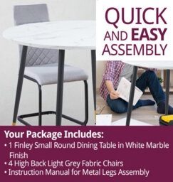 Hallowood Furniture Finley Small Round Dining Table In White Marble Finish With 4 High Back Light Grey Fabric Chairs - thumbnail 7