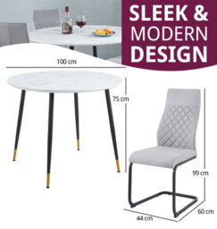 Hallowood Furniture Finley Small Round Dining Table In White Marble Finish With 4 High Back Light Grey Fabric Chairs - thumbnail 3