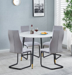 Hallowood Furniture Finley Small Round Dining Table In White Marble Finish With 4 High Back Light Grey Fabric Chairs
