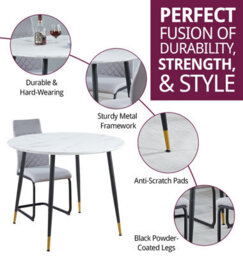 Hallowood Furniture Finley Small Round Dining Table In White Marble Finish With 4 High Back Light Grey Fabric Chairs - thumbnail 2
