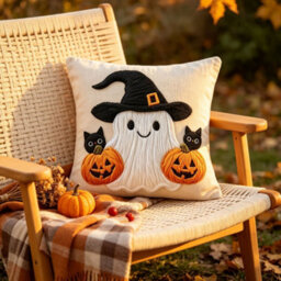 Amorly 2Pcs Halloween Pillow Covers 18X18 Ghost Pumpkin Cat Decorative Cushion Cases No Pillow Insert - thumbnail 2