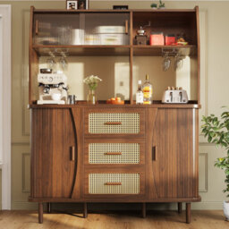 Matteo N639 Walnut Effect Sideboard With Rattan Drawers & Glass Sliding Doors, 174.5Cm Tall - thumbnail 3