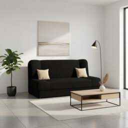 Jonas Living Room Sofa Bed With Click Clack Sleeping Surface Storage Container Wooden Frame Black And Cream Pillows