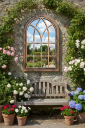 Deenz Arched Window Style Soho Mirror Gothic Design Black Gold Plastic Frame Wall Mounted Indoor/outdoor Vanity Display 73X48X2 Cm