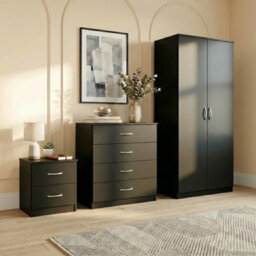 Lassic Vida Designs Riano 3 Piece Bedroom Set (2 Drawer Bedside Chest, 4 Drawer Chest, 2 Door Wardrobe), Black (4) - thumbnail 2