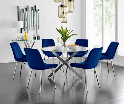 Furniturebox Uk Novara 120Cm Round Dining Table And 6 Navy Pesaro Silver Leg Chairs - image 1