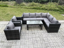 Fimous 8 Seater Rattan Corner Sofa Lounge Sofa Set With Rectangular Coffee Table 2 Arm Chair Dark Grey Mixed Right Hand - thumbnail 1
