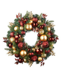 Werchristmas 76 Cm Pre-Lit Artificial Christmas Wreath With Burgundy And Gold Baubles, 60 Warm White Leds