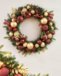 Werchristmas 76 Cm Pre-Lit Artificial Christmas Wreath With Burgundy And Gold Baubles, 60 Warm White Leds - thumbnail 2