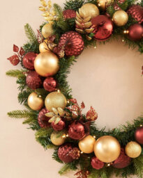 Werchristmas 76 Cm Pre-Lit Artificial Christmas Wreath With Burgundy And Gold Baubles, 60 Warm White Leds - thumbnail 3