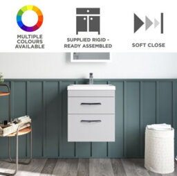 Rio 2 Drawer Wall Hung Vanity Basin Unit - 500mm - Gloss Grey Mist With Black D Handles (Tap Not Included) - Balterley - thumbnail 6