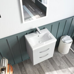 Rio 2 Drawer Wall Hung Vanity Basin Unit - 500mm - Gloss Grey Mist With Black D Handles (Tap Not Included) - Balterley - thumbnail 5