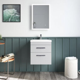 Rio 2 Drawer Wall Hung Vanity Basin Unit - 500mm - Gloss Grey Mist With Black D Handles (Tap Not Included) - Balterley - thumbnail 3