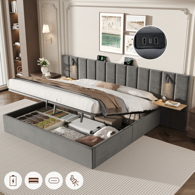 Matteo Super King Velvet Ottoman Bed Frame With Charging Station, Reading Light & Adjustable Shelf, Grey - image 1
