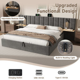 Matteo Super King Velvet Ottoman Bed Frame With Charging Station, Reading Light & Adjustable Shelf, Grey - thumbnail 7