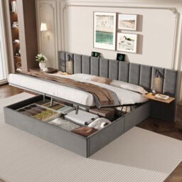 Matteo Super King Velvet Ottoman Bed Frame With Charging Station, Reading Light & Adjustable Shelf, Grey - thumbnail 2