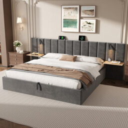 Matteo Super King Velvet Ottoman Bed Frame With Charging Station, Reading Light & Adjustable Shelf, Grey - thumbnail 3