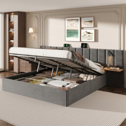 Matteo Super King Velvet Ottoman Bed Frame With Charging Station, Reading Light & Adjustable Shelf, Grey - thumbnail 4